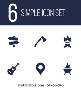 Set Of 6 Adventure Icons Set.Collection Of Campfire, Wood Axe, Signpost And Other Elements.