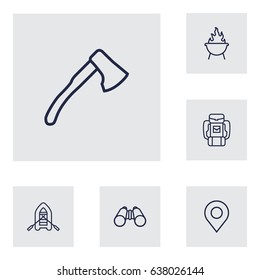 Set Of 6 Adventure Outline Icons Set.Collection Of Grill, Place Pointer, Rubber Boat And Other Elements.