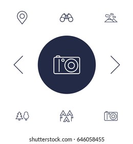 Set Of 6 Adventure Outline Icons Set.Collection Of Place Pointer, Binoculars, Forest And Other Elements.