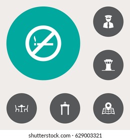Set Of 6 Aircraft Icons Set.Collection Of Air Traffic Controller, Location, Restaurant And Other Elements.