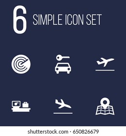 Set Of 6 Aircraft Icons Set.Collection Of Location, Leaving, Luggage Check And Other Elements.