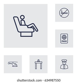 Set Of 6 Aircraft Outline Icons Set.Collection Of Certification, Business Class, Airport Security And Other Elements.