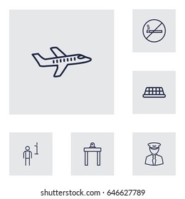 Set Of 6 Aircraft Outline Icons Set.Collection Of Airport Security, Data, Plane And Other Elements.