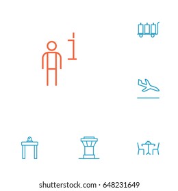 Set Of 6 Aircraft Outline Icons Set. Collection Of Sit, Control Tower, Luggage Trolley And Other Elements.
