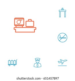 Set Of 6 Aircraft Outline Icons Set.Collection Of No Smoking, Pilot, Airport Security And Other Elements.