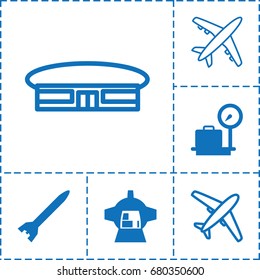 set of 6 airplane filled and outline icons such as lugagge weight, luggage compartment in airplane, rocket bomb, airport