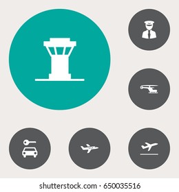 Set Of 6 Airplane Icons Set.Collection Of Aircraft, Leaving, Air Traffic Controller And Other Elements.