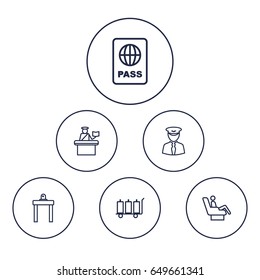 Set Of 6 Airplane Outline Icons Set.Collection Of Certification, Pilot, Passport Controller And Other Elements.