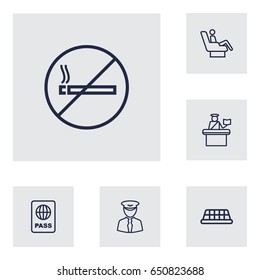 Set Of 6 Airplane Outline Icons Set.Collection Of No Smoking, Pilot, Passport Controller And Other Elements.