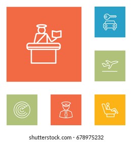 Set Of 6 Airplane Outline Icons Set.Collection Of Passport Controller, Flight, Detection And Other Elements.