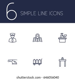 Set Of 6 Airport  Outline Icons Set.Collection Of Map, Luggage Trolley, Airport Security And Other Elements.