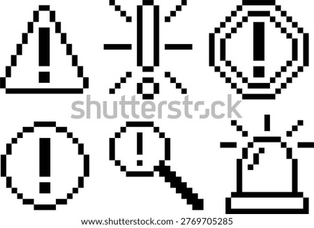 A set of 6 alert or caution icons in linear pixel art