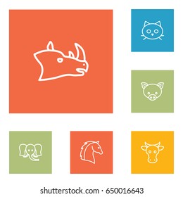 Set Of 6 Alive Outline Icons Set.Collection Of Elephant, Horse, Rhino And Other Elements.