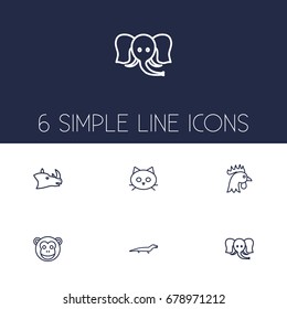 Set Of 6 Alive Outline Icons Set.Collection Of Cat, Rhino, Monkey And Other Elements.