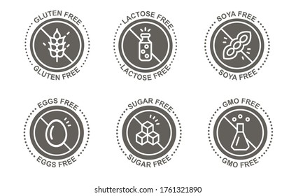 Set of 6 allergenic food in  gray, icon.