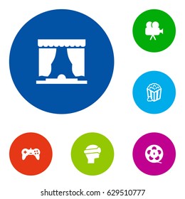 Set Of 6 Amusement Icons Set.Collection Of Curtain, Filmstrip, Snack And Other Elements.