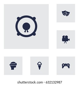 Set Of 6 Amusement Icons Set.Collection Of Joystick, Theater, Cyberspace And Other Elements.