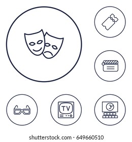 Set Of 6 Amusement Outline Icons Set.Collection Of Masks, Tv Set, Clapperboard And Other Elements.