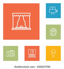 Set Of 6 Amusement Outline Icons Set.Collection Of Movie Cam, Cinema, Ice Cream And Other Elements.