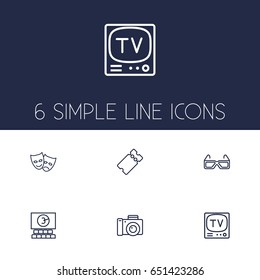 Set Of 6 Amusement Outline Icons Set.Collection Of 3D Glasses, Tv Set, Cinema And Other Elements.