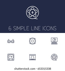 Set Of 6 Amusement Outline Icons Set.Collection Of 3D Glasses, Cinema, Film Role And Other Elements.