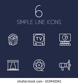 Set Of 6 Amusement Outline Icons Set.Collection Of Cinema, Popcorn, Bullhorn And Other Elements.