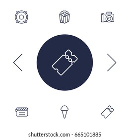 Set Of 6 Amusement Outline Icons Set.Collection Of Ticket, Popcorn, Photo Camera And Other Elements.