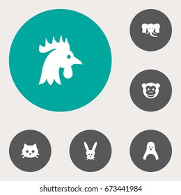 Set Of 6 Animal Icons Set.Collection Of Diver, Trunked Animal, Rooster And Other Elements.