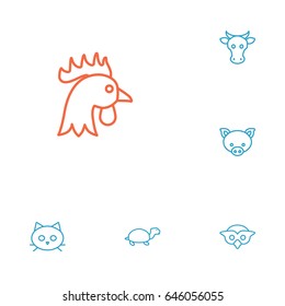 Set Of 6 Animal Outline Icons Set.Collection Of Turtle, Cat, Cock And Other Elements.