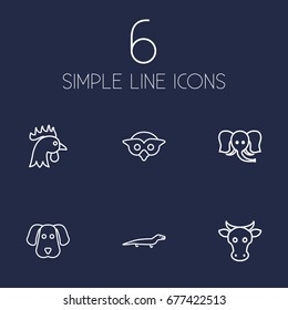 Set Of 6 Animal Outline Icons Set.Collection Of Owl, Elephant, Dog And Other Elements.