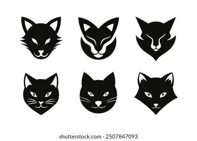 Set of 6 animal silhouettes: cat dog cow pig bear deer vector logo icons.