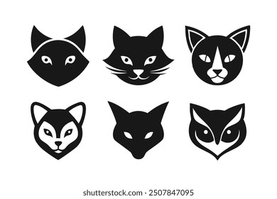 Set of 6 animal silhouettes: cat dog cow pig bear deer vector logo icons.