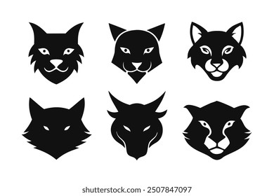 Set of 6 animal silhouettes: cat dog cow pig bear deer vector logo icons.