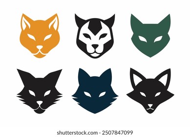 Set of 6 animal silhouettes: cat dog cow pig bear deer vector logo icons.