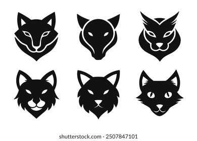 Set of 6 animal silhouettes: cat dog cow pig bear deer vector logo icons.