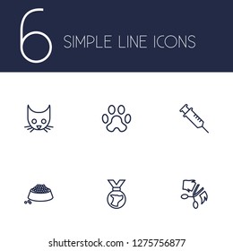 Set of 6 animals icons line style set. Collection of food, medallion, injection and other elements.