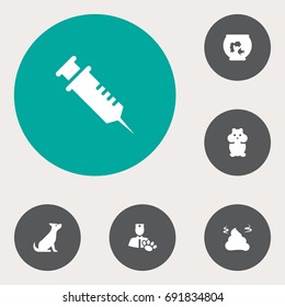 Set Of 6 Animals Icons Set.Collection Of Injection, Fishbowl, Pile And Other Elements.