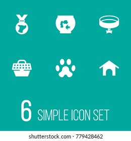 Set Of 6 Animals Icons Set.Collection Of Footprint , Neckband , Pet Crate Elements.