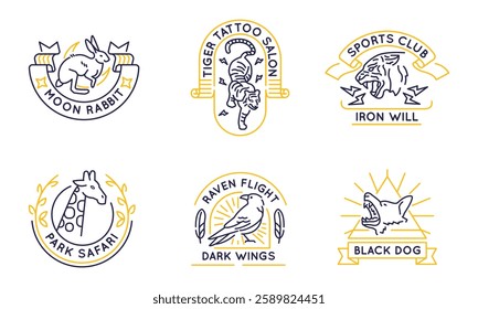 Set of 6 Animals labels and logos. Vintage animals icons with Rabbit, Tiger, Raven, Dog isolated on white background. Vector illustration 