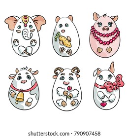 Set with 6 animals in a shape of eggs. These cute animals are an elephant, a hamster, a pig, a cow, a lamb and a rabbit. 