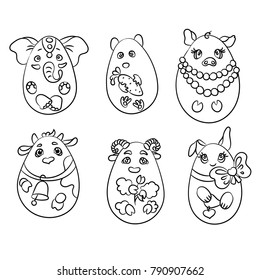 Set with 6 animals in a shape of eggs. It is a coloring pages with cute animals and a lot of elements. there are an elephant, a hamster, a pig, a cow, a lamb and a rabbit. Good for child's education