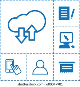 set of 6 app filled and outline icons such as pointer on display, finger on display, download upload cloud, document