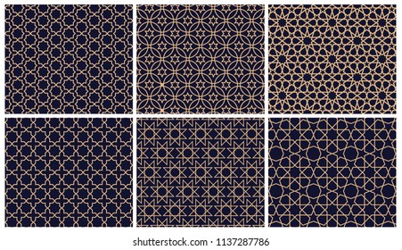 Set of 6 arabic patterns background. Geometric seamless muslim ornament backdrop. Vector illustration of islamic texture. Traditional arabic decor on blue background.