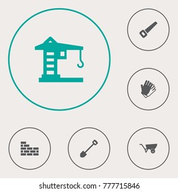 Set Of 6 Architecture Icons Set.Collection Of Hacksaw, Pushcart, Building Machinery And Other Elements.