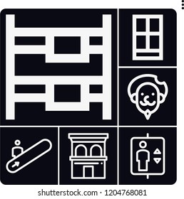 Set of 6 architecture outline icons such as building, elevator, escalator, don quixote, bunk