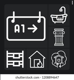 Set of 6 architecture outline icons such as column, house, gate, bunk, bathtub