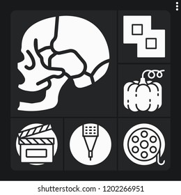 Set of 6 art filled icons such as film reel, skull, clapperboard, pumpkin, pencil