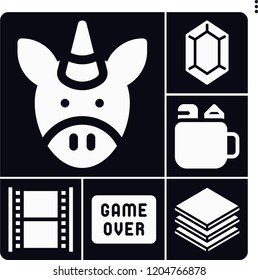 Set of 6 art filled icons such as layers, game over, zelda, pencil box, film