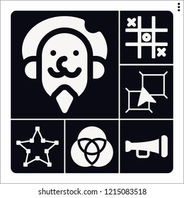 Set of 6 art filled icons such as trumpet, layers, , tic tac toe, cmyk