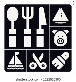 Set of 6 art filled icons such as triangle, sailing boat, brush, pig, cutlery